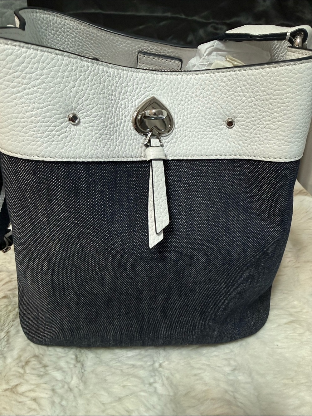 kate spade White & Dark Blue Denim-Trim Crossbody Bucket Bag